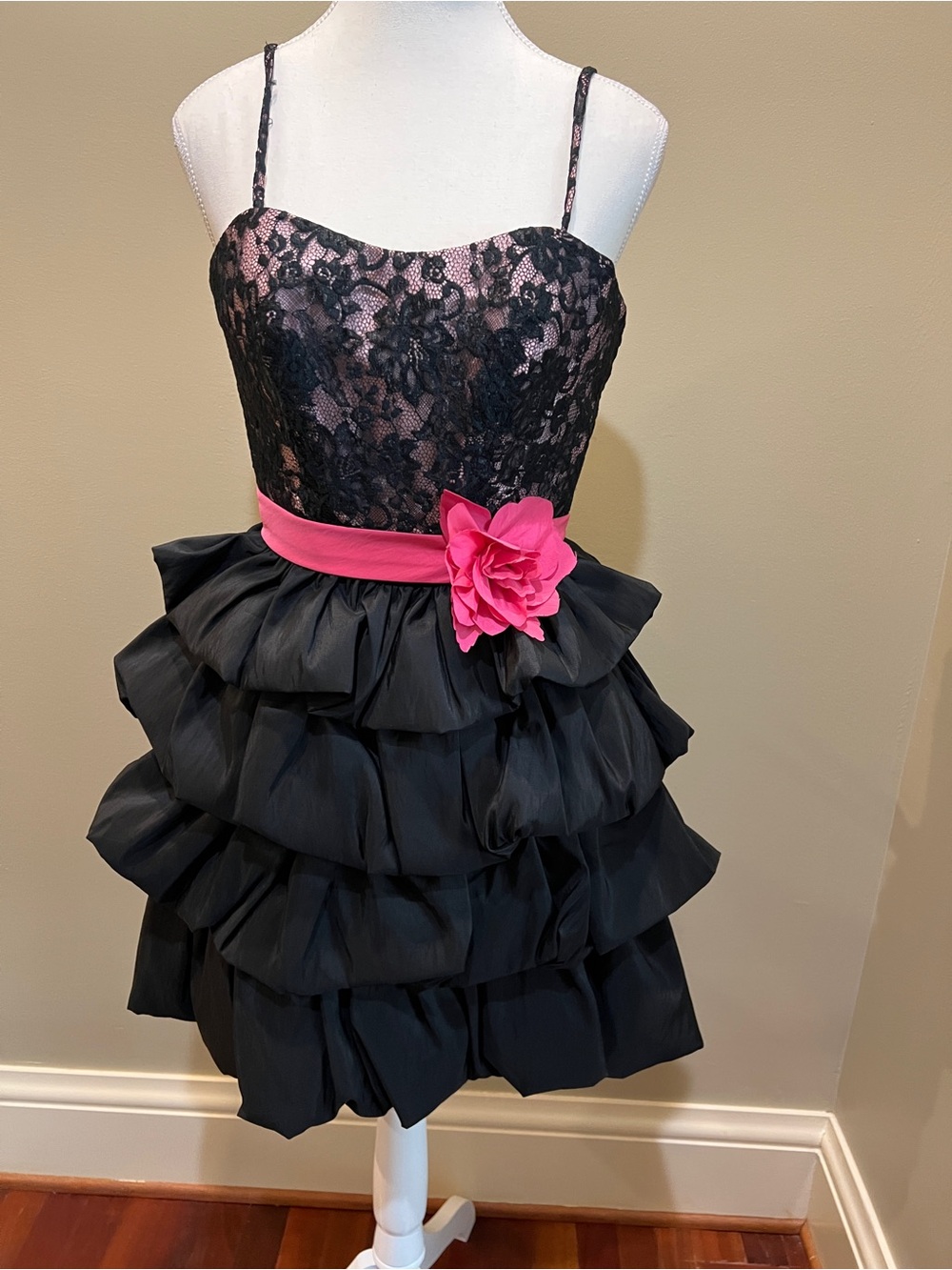 Black Lace & Pink Floral Trim Tiered Bubble Party Dress